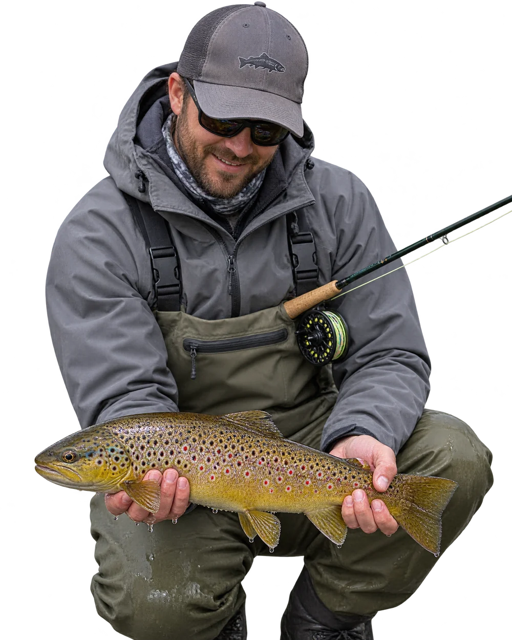 Fly fisher cradling a wild brown trout before releasing it