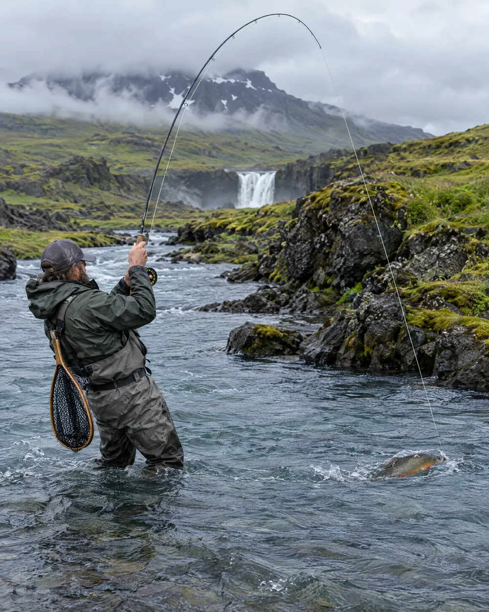 Fly fisher playing an arctic char in an Icelandic river with a waterfall behind