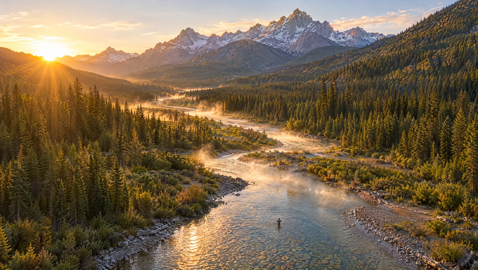 Aerial view of an Alpine river valley at sunrise with a lone fly fisher in the water